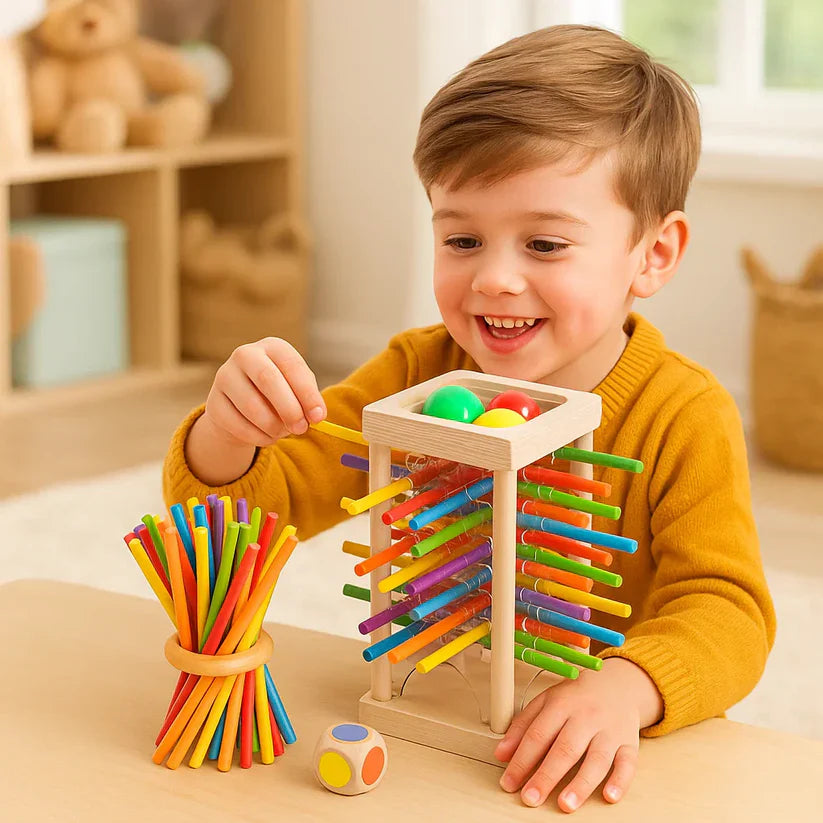 Jogo educativo de madeira com bolinhas e palitinhos